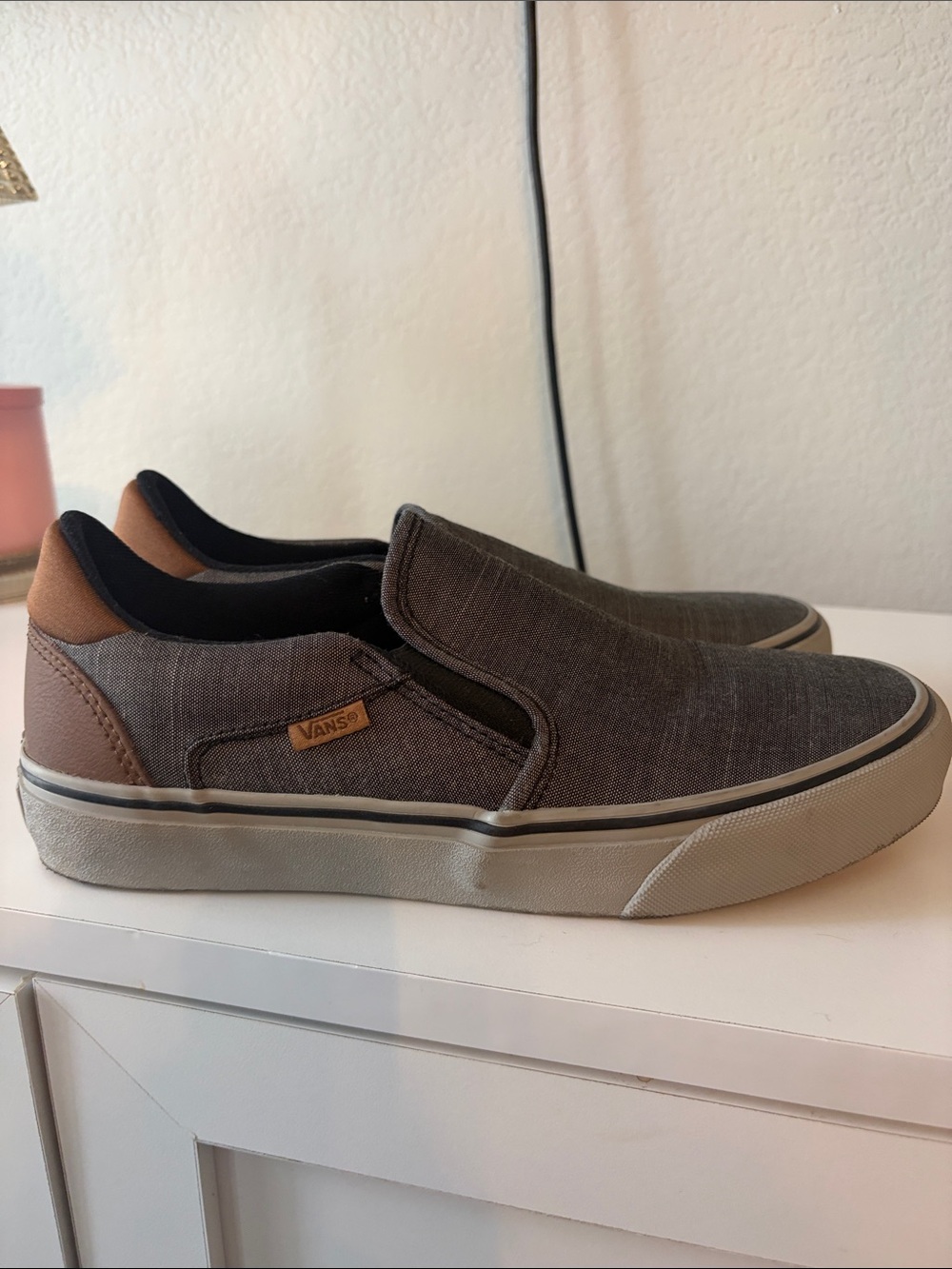 Vans Slip-On Loafers in Gray with Brown Heel Accents